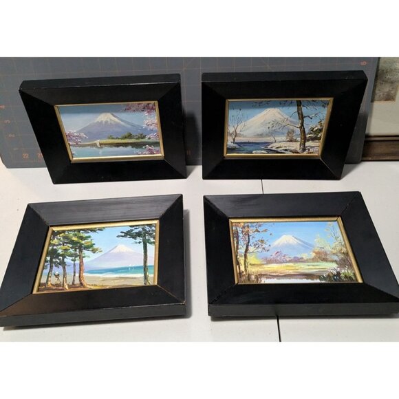 Set Of 4 Hand-Painted Mount Fuji Seasonal Scenes in Black & Gold Wooden Frames - Picture 13 of 16